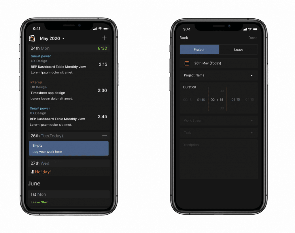 The final UX designs for the time entry app